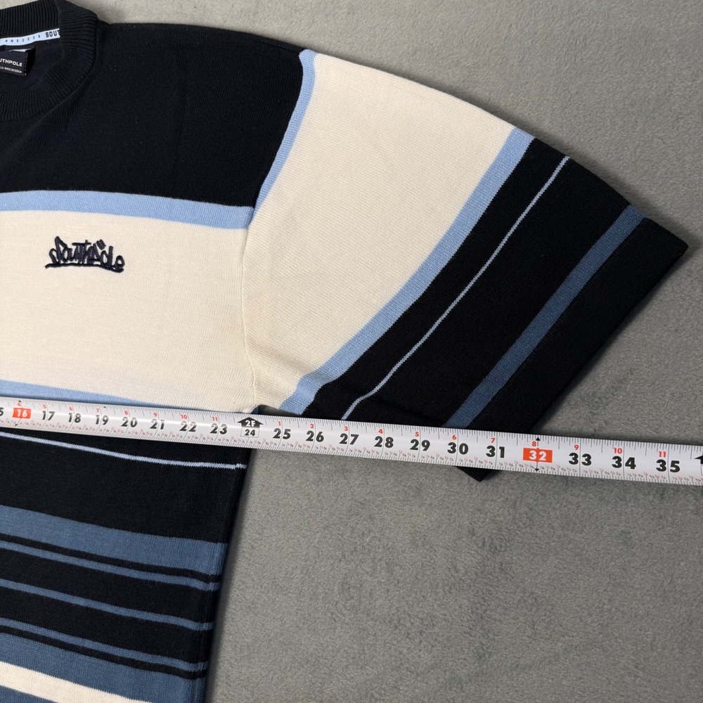 Southpole‎ Mens Striped Knit Sweater Short Sleeve Blue Cream Y2K Vintage Large - Picture 6 of 7